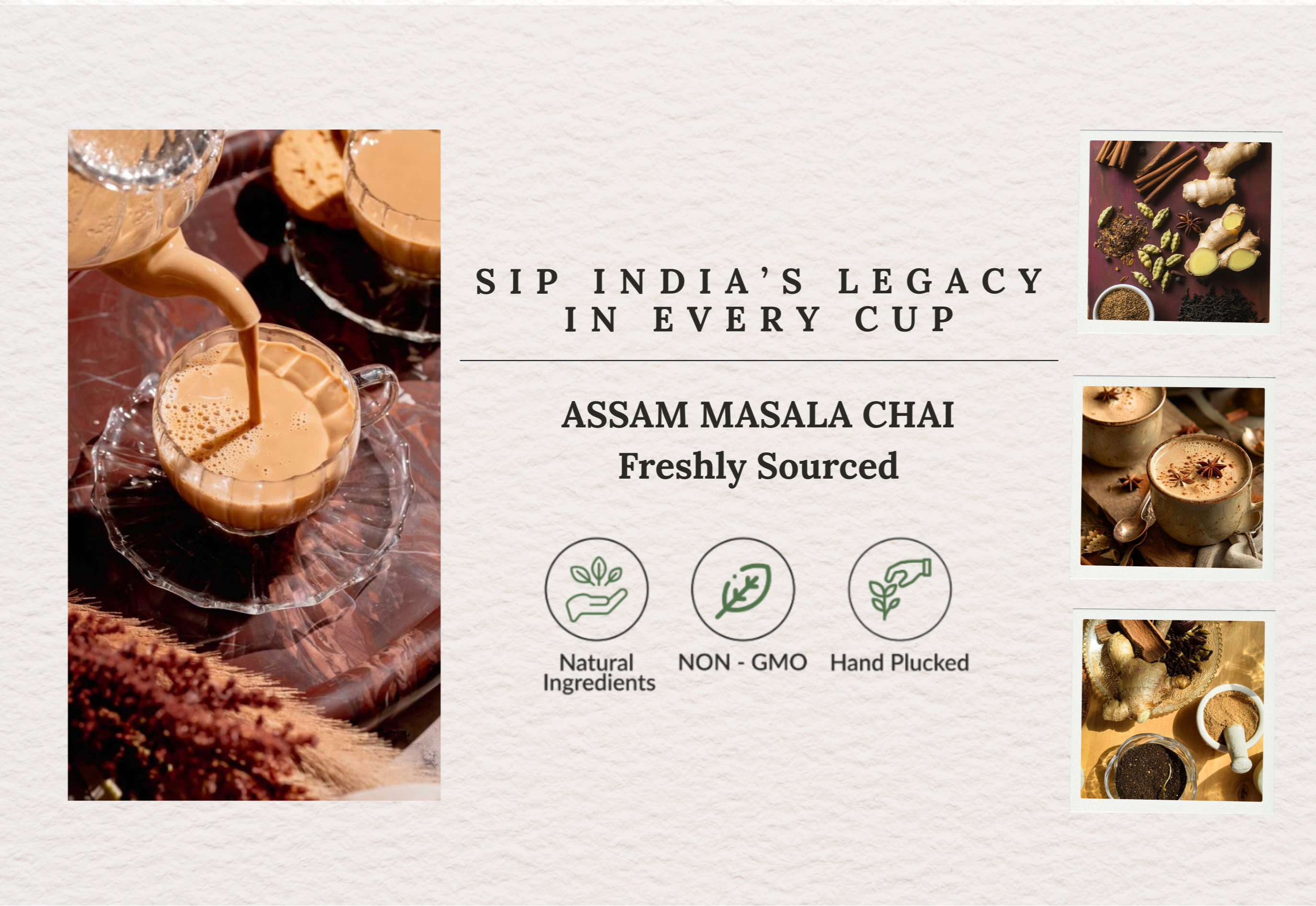 Assam Masala Chai with images of tea and text on a light gray background